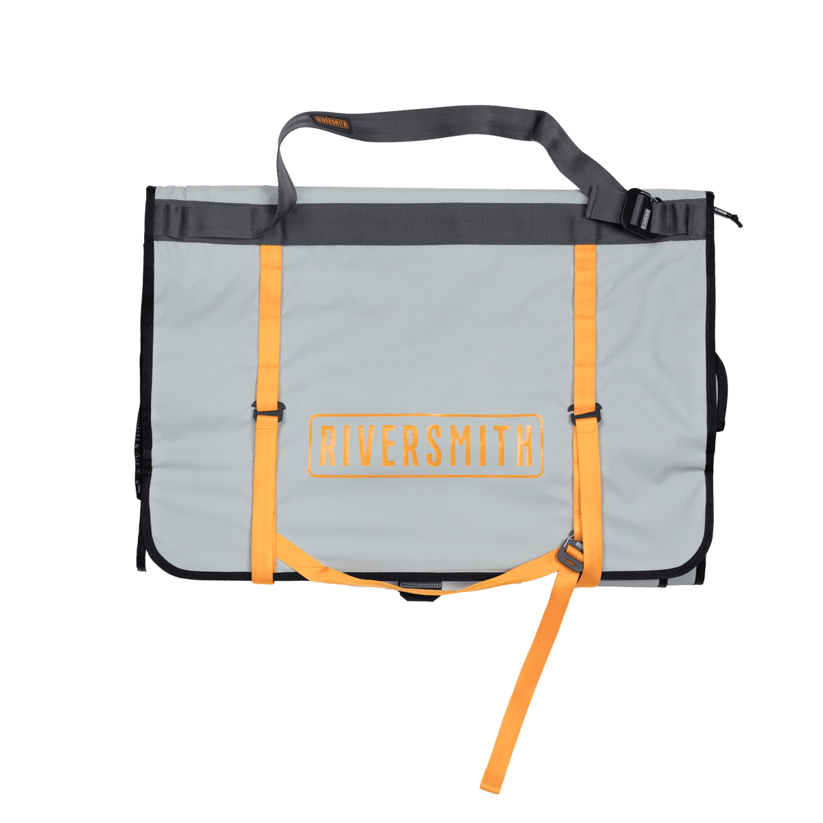 Riversmith gray and orange wader bag with shoulder straps and front buckle closures for gear storage and transport