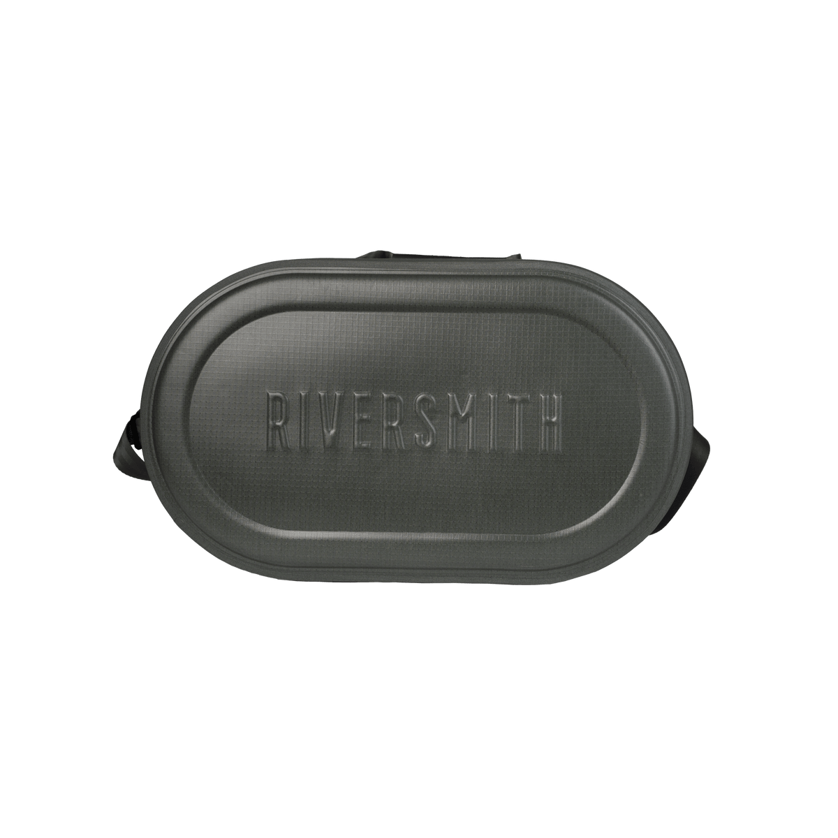 Riversmith gray waterproof tote bag with embossed branding and black handles for durable gear storage