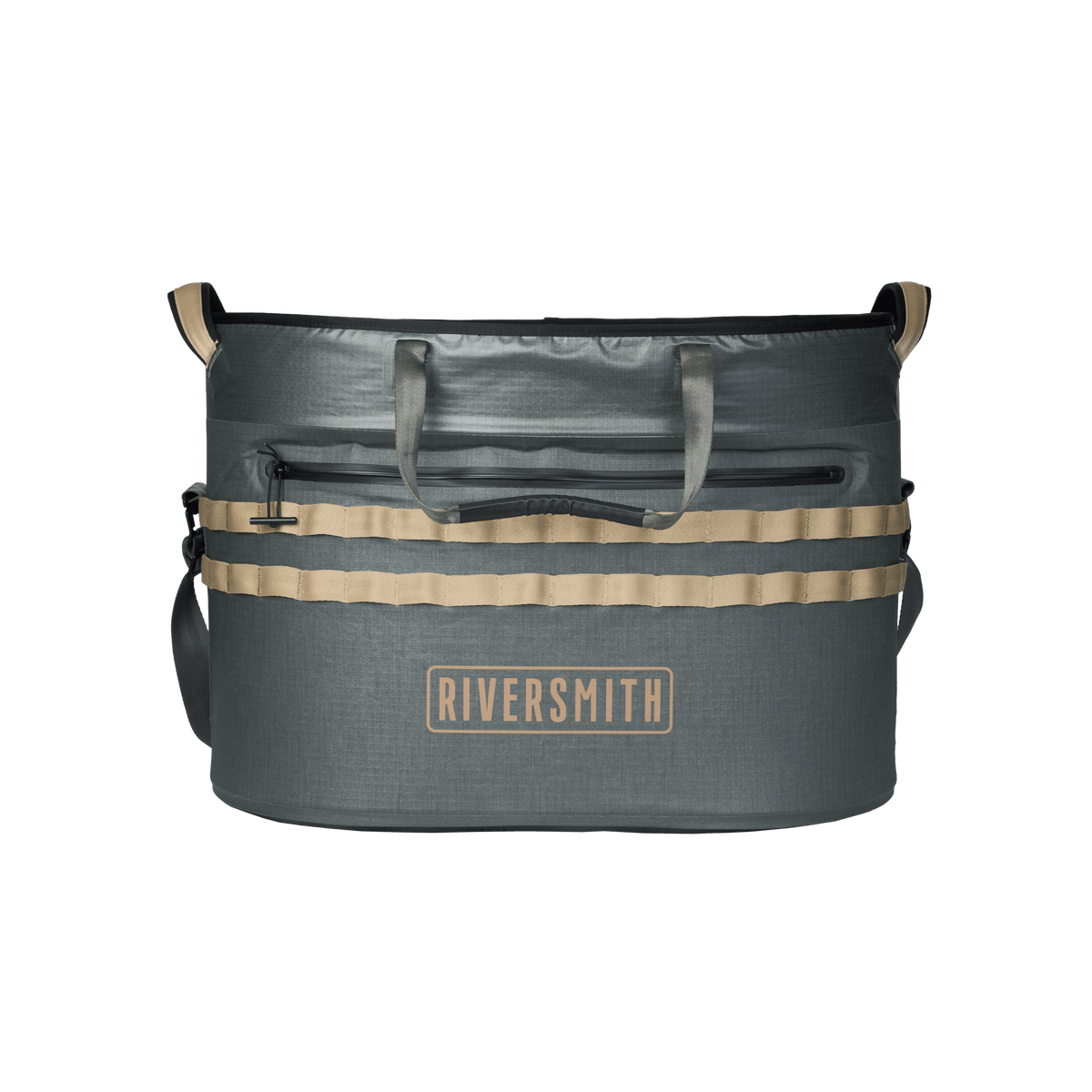 Riversmith The Hauler waterproof tote bag in gray with tan accents and dual handles for gear transportation