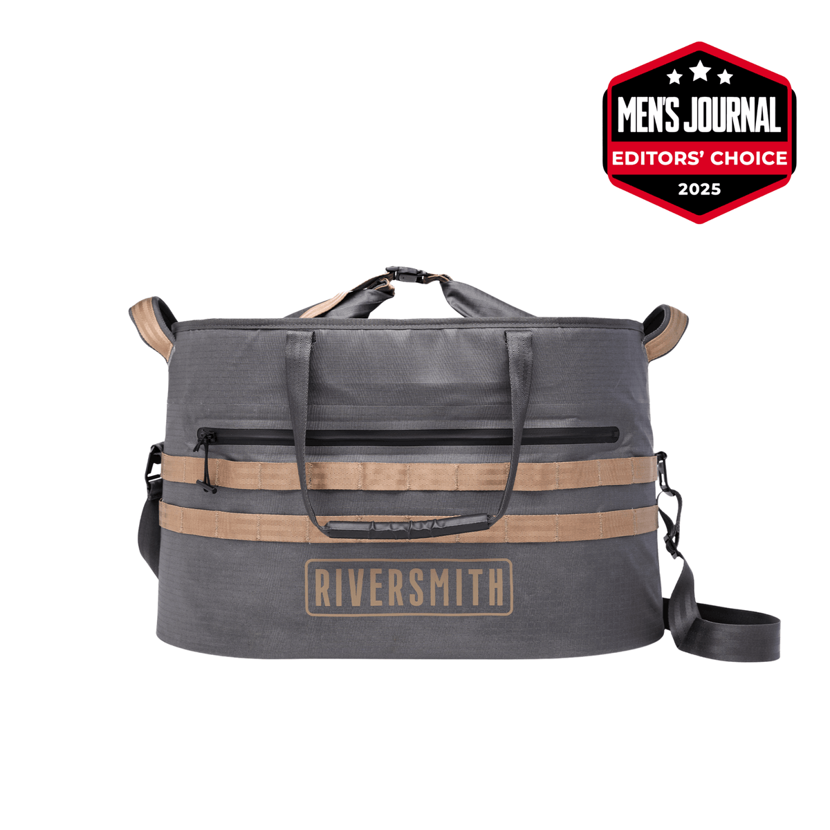 Riversmith gray waterproof tote bag with tan leather straps and shoulder strap, Men's Journal Editors' Choice 2025