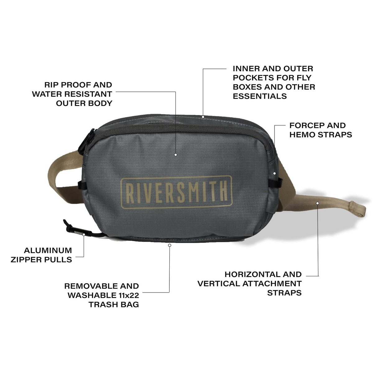 Riversmith PackOut fly fishing waist pack in gray with tan straps, featuring water-resistant outer body and multiple storage