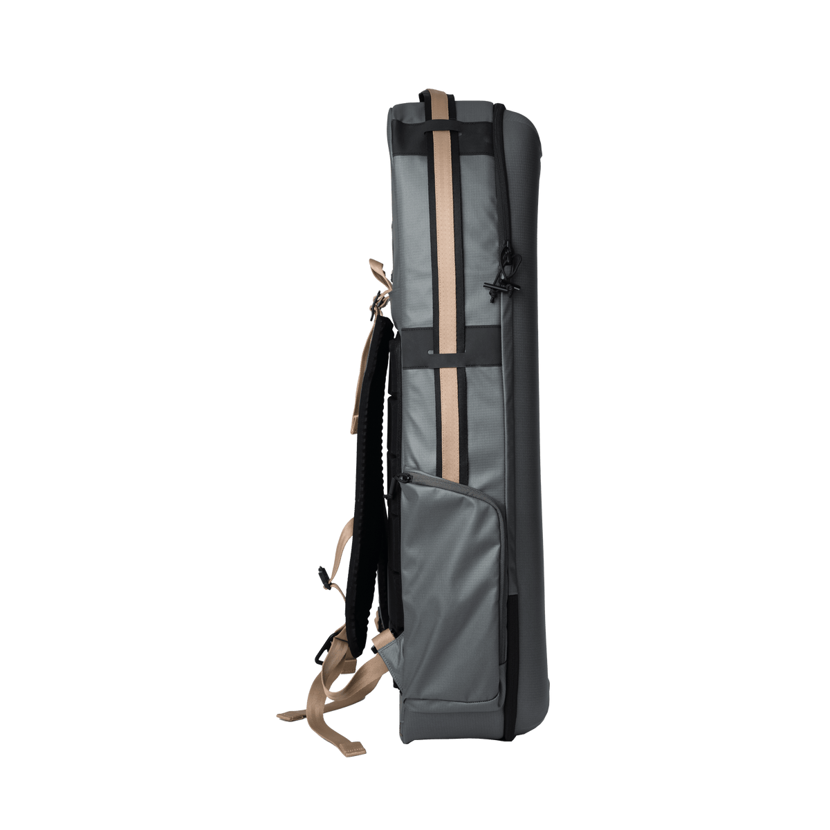 Gray and tan fly fishing travel bag with padded straps, front pocket, and carrying handles displayed against white background