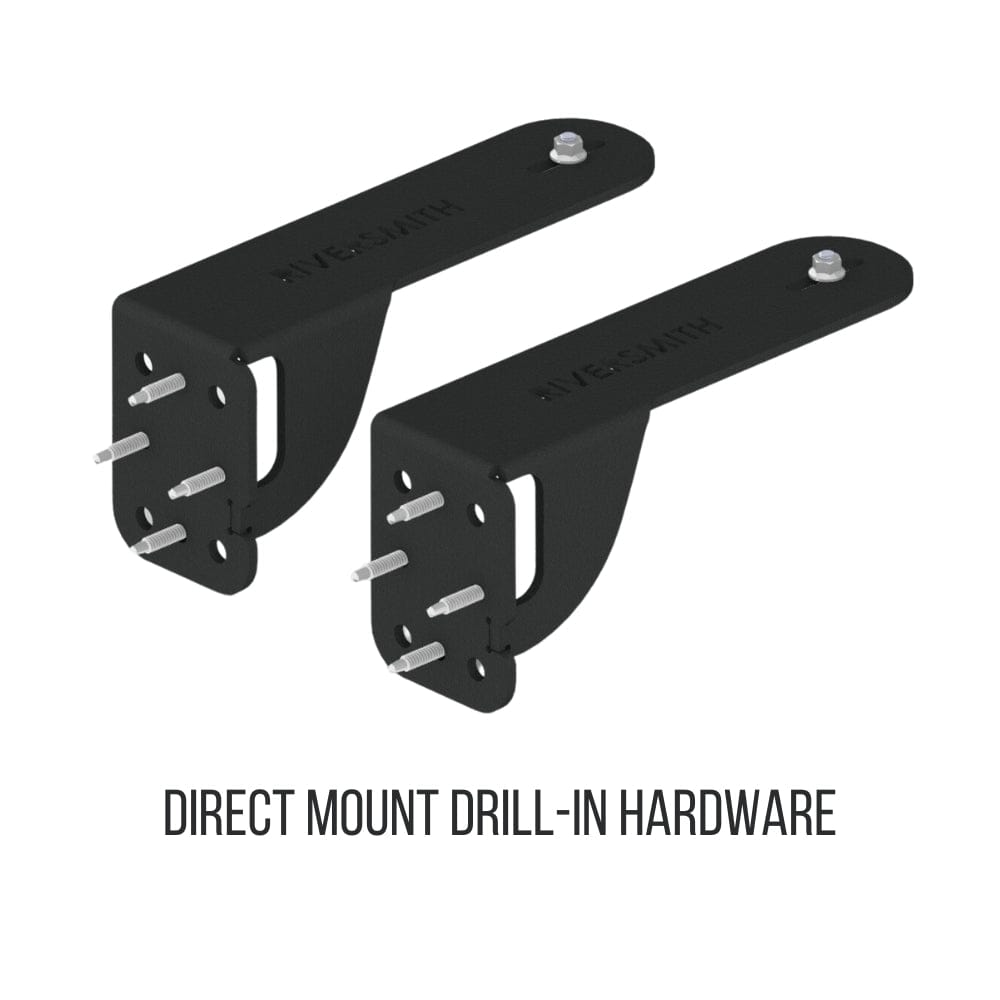 Black direct mount drill-in hardware bracket pair for truck bed fishing rod rack installation with stainless steel screws