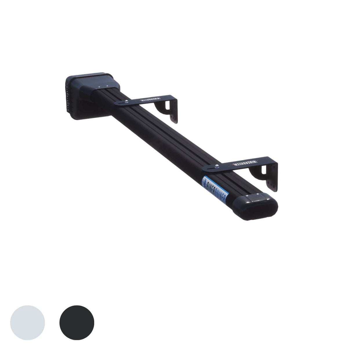 Black truck bed fishing rod holder with wall-mounted brackets and blue accent stripe