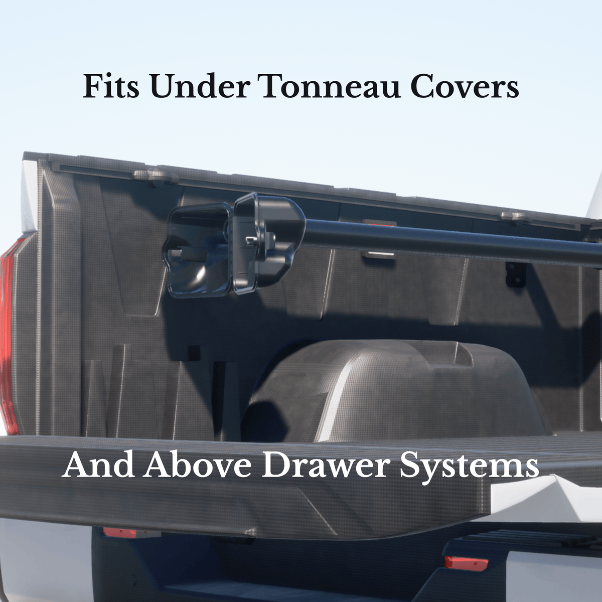 Riversmith black truck bed rod rack mounted under tonneau cover fits above drawer systems