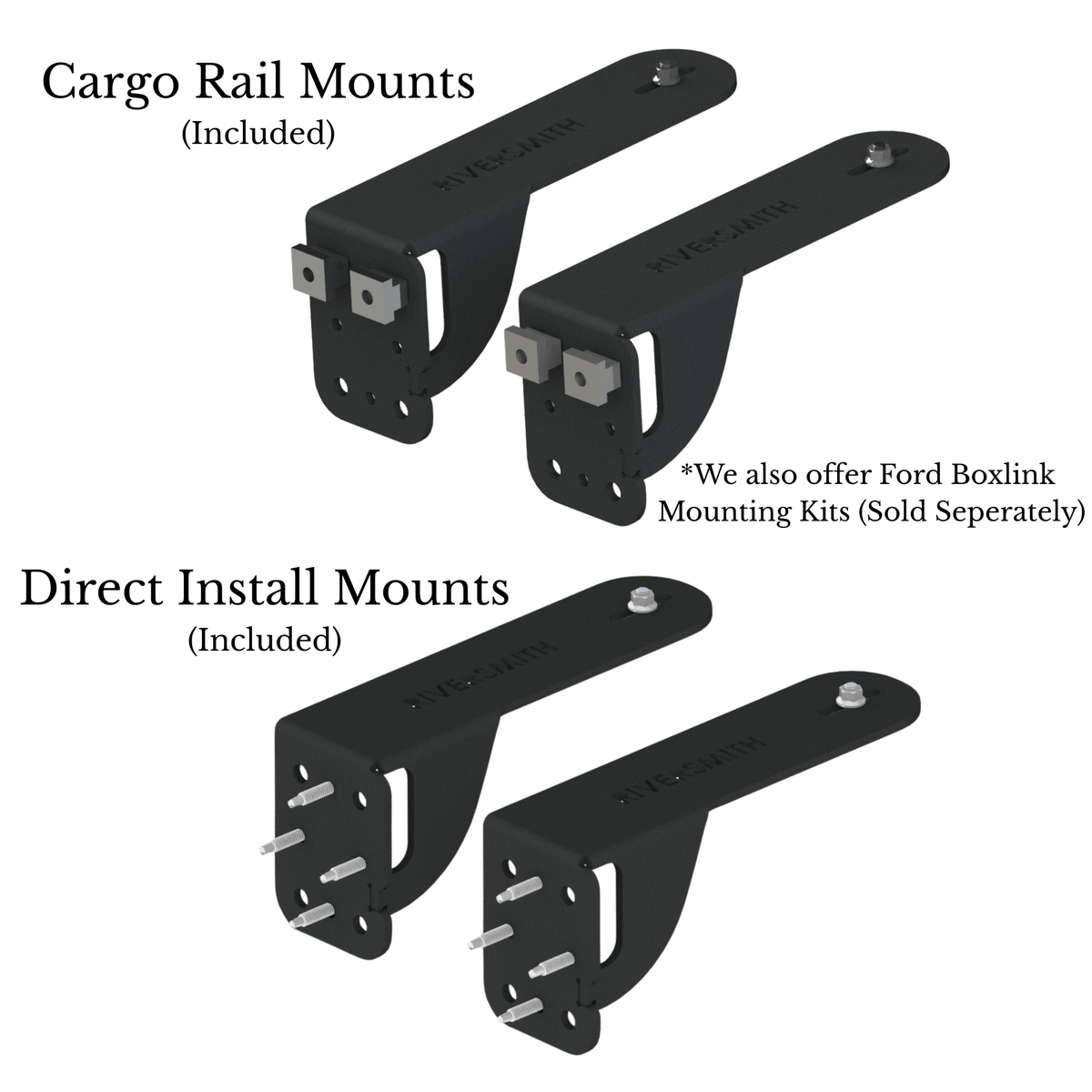 Riversmith truck bed rod rack with black cargo rail and direct install mounts included