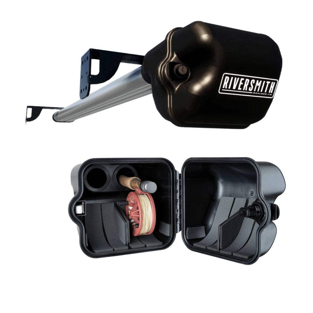 Riversmith black truck bed rod holder with aluminum pole and open case showing red reel storage compartment