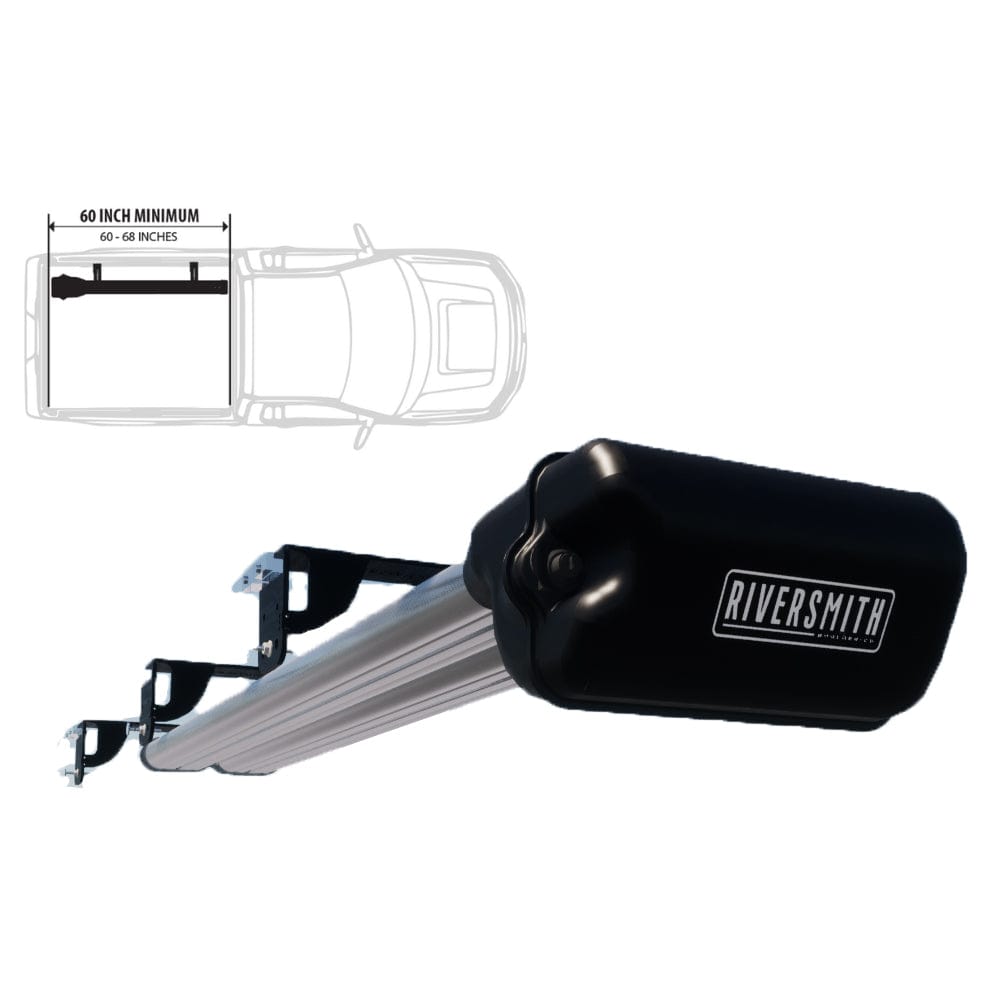 Riversmith truck bed fishing rod holder with aluminum rails, black motor housing, and mounting diagram showing 60-68 inch