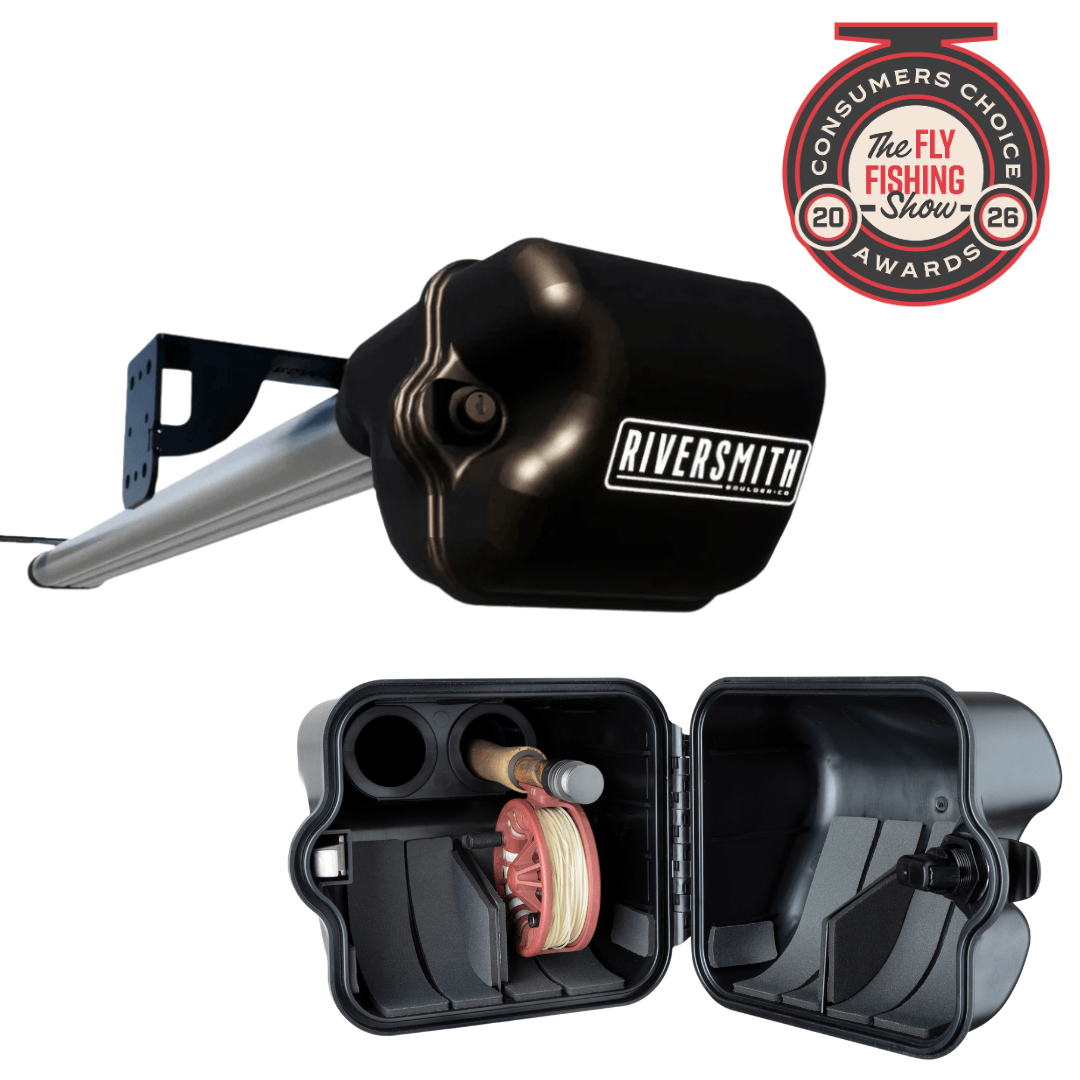 Riversmith Truck Bed River Quiver black fishing rod holder with silver aluminum arm and open storage case displaying red reel