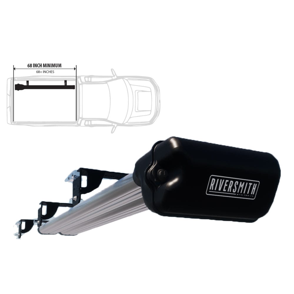 Riversmith Truck Bed River Quiver aluminum fishing rod rack with black motor cover and mounting brackets, fits 68+ inch