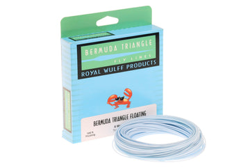 Light blue coiled floating fly line beside Royal Wulff Bermuda Triangle teal packaging with crab logo and product label