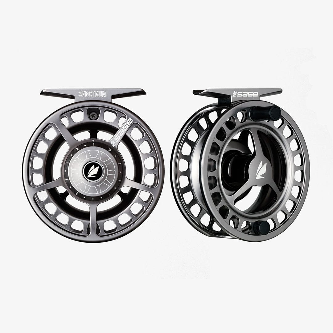 Sage Spectrum gunmetal machined aluminum fly reel, large-arbor ported spool shown front and side with Sage logo