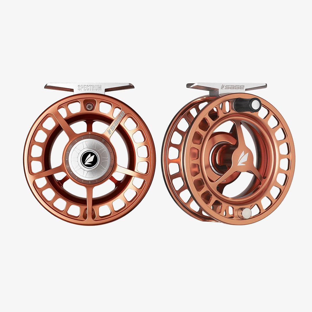 Sage Spectrum copper-anodized aluminum fly reel, front and back views, large-arbor ported spool and silver drag knob