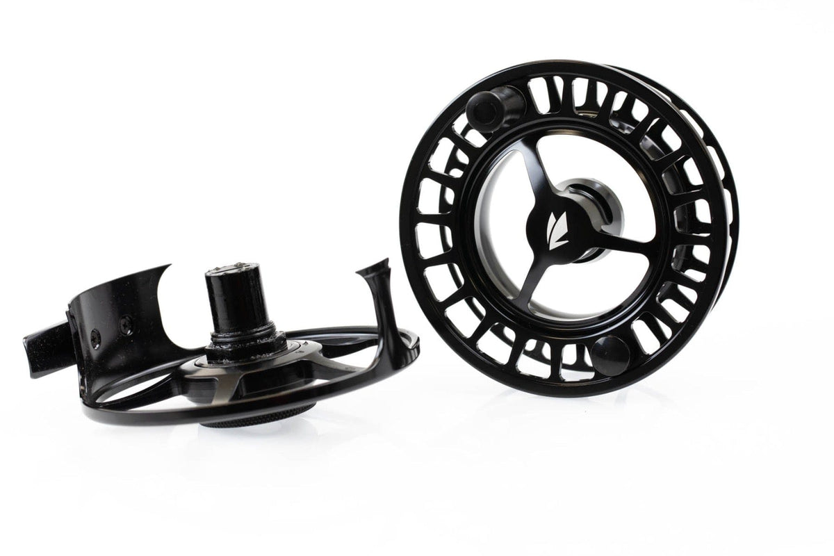 Sage Spectrum black anodized aluminum fly reel, large-arbor ventilated spool and machined reel handle, sleek modern design