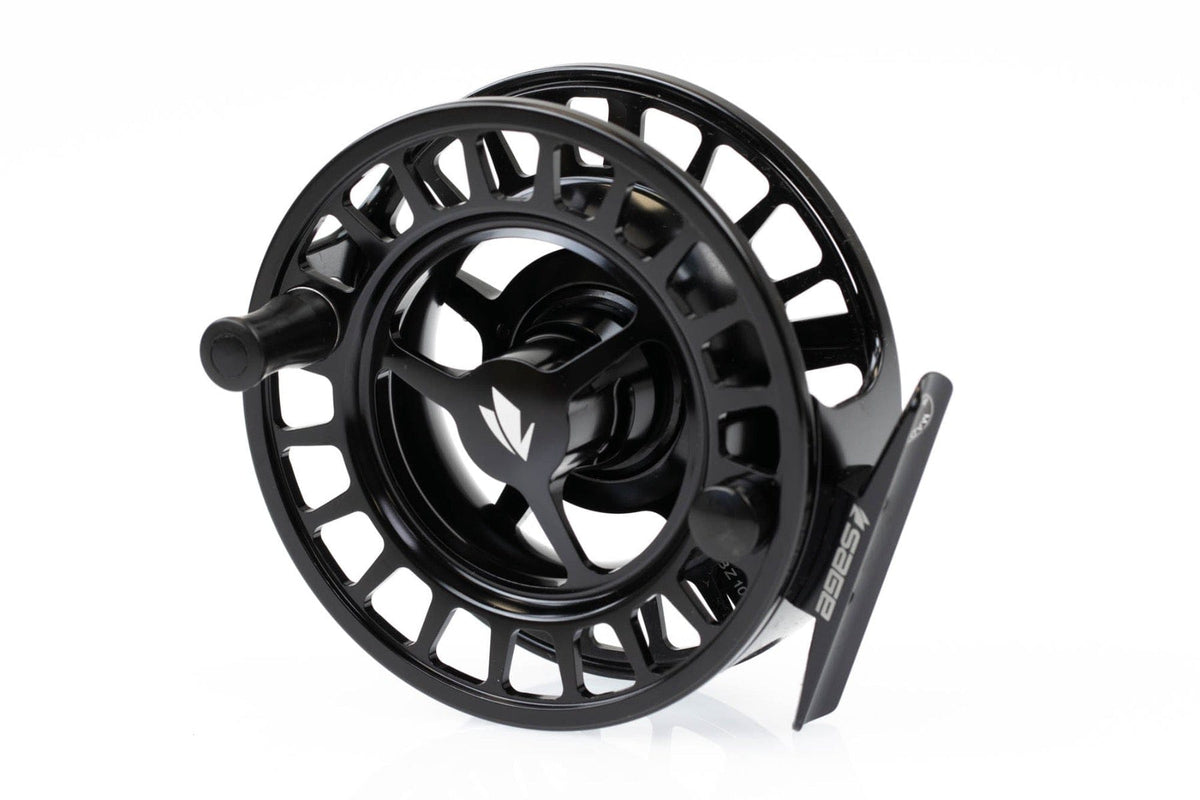 Glossy black Sage Spectrum large-arbor machined aluminum fly reel with vented spool and ergonomic handle