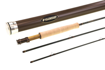 Sage Dart fly rod with brown metal tube, cork handle and dark graphite blank sections with guide rings