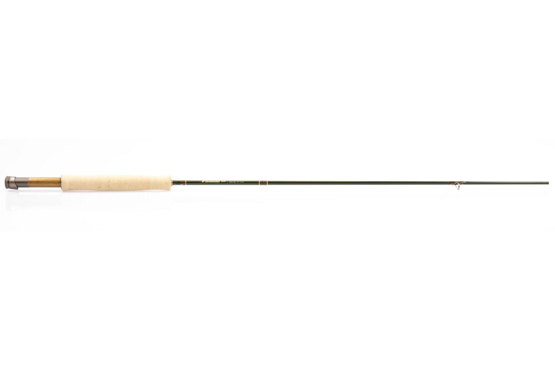 Sage Dart olive-green graphite fly rod with light cork handle, wood-inset metal reel seat and slim guide