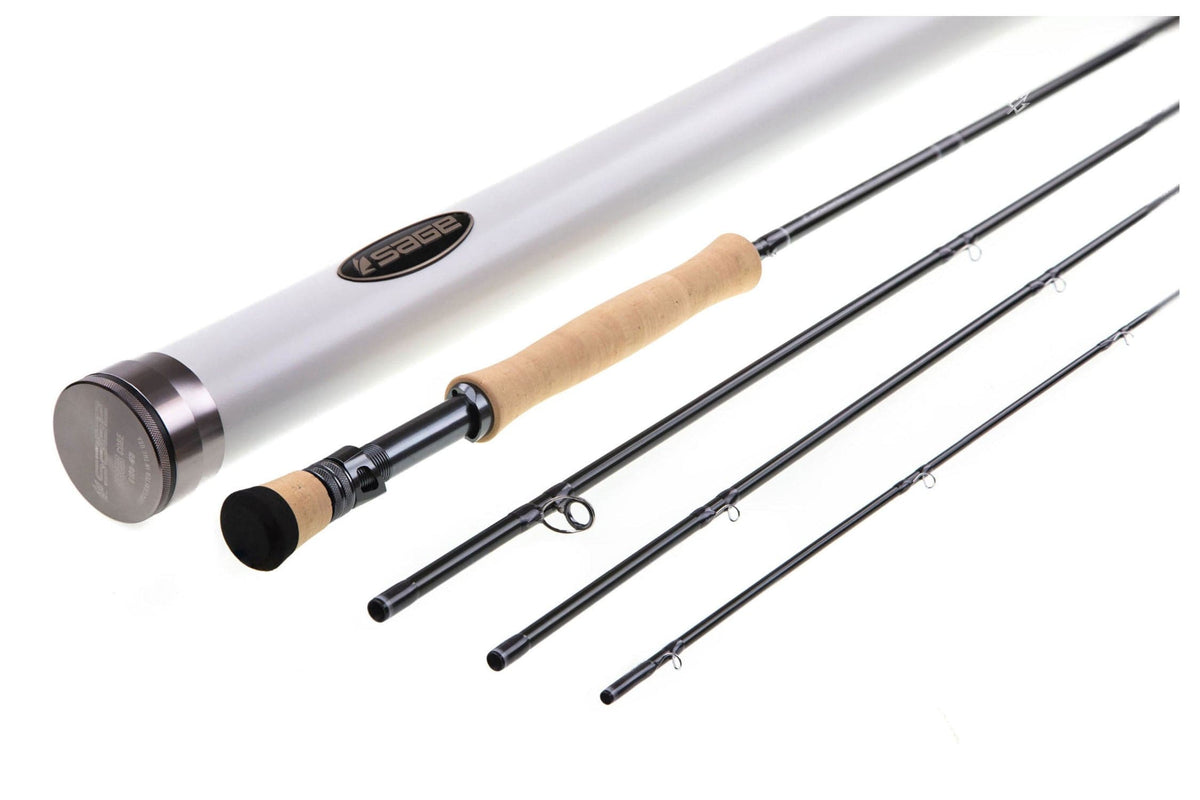 Sage R8 Core fly rod sections with light cork handle, black graphite blank and silver rod tube case