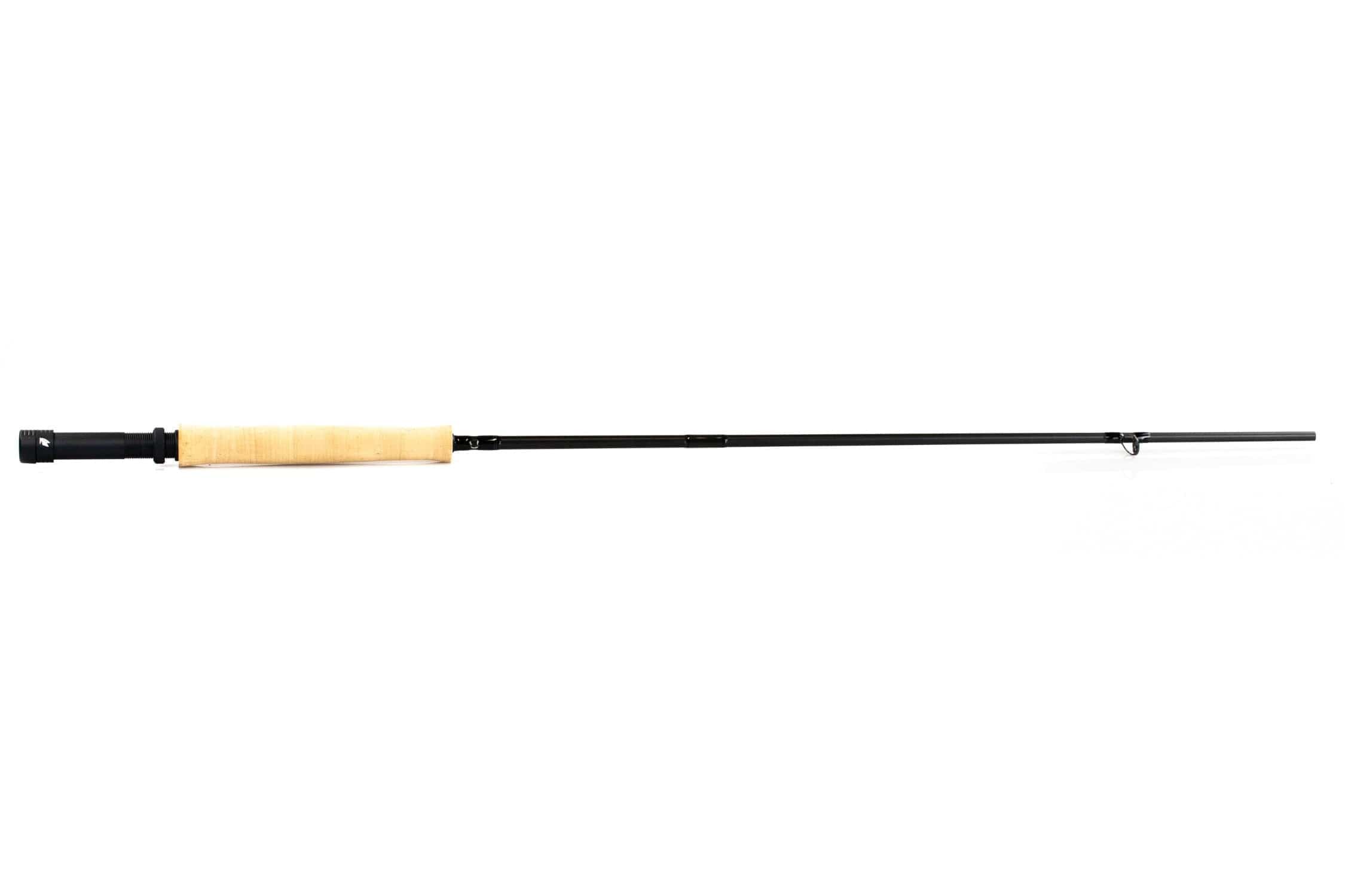 Sage Sense fly rod with matte black carbon blank, natural cork grip and black anodized reel seat, single-hand fishing rod