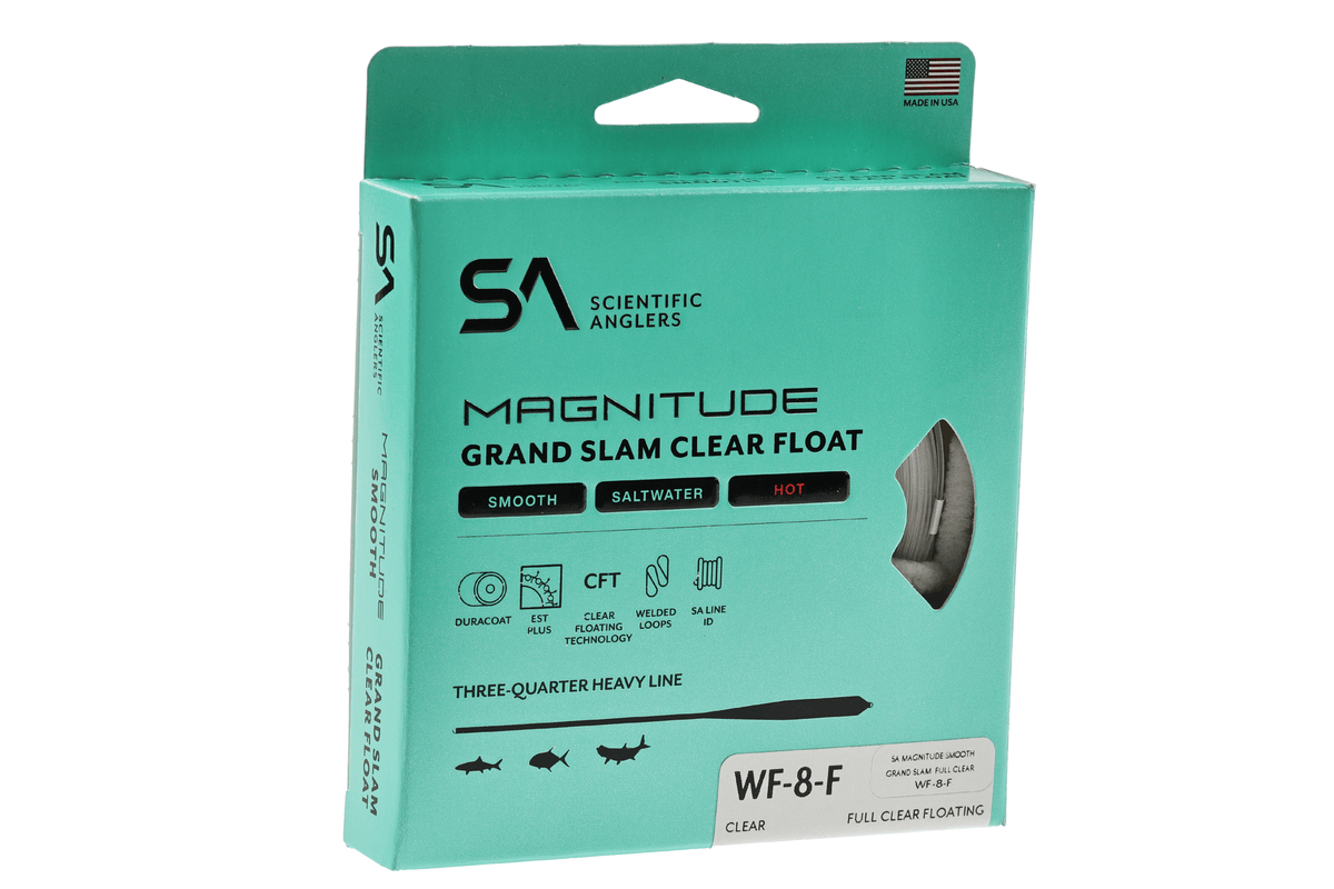 Scientific Anglers Magnitude Grand Slam Clear Float WF-8-F saltwater fly line in turquoise packaging with product details