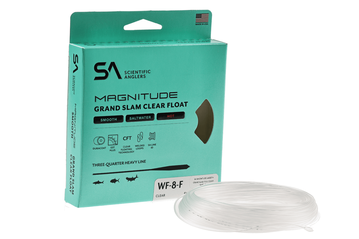 Scientific Anglers Magnitude Grand Slam Clear Float fly line with turquoise packaging and coiled white fishing line displayed