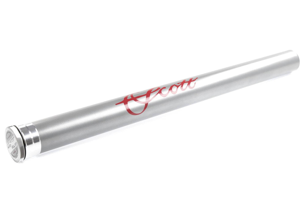 Silver metallic Scott G Series fly rod tube with red script logo and polished aluminum screw cap