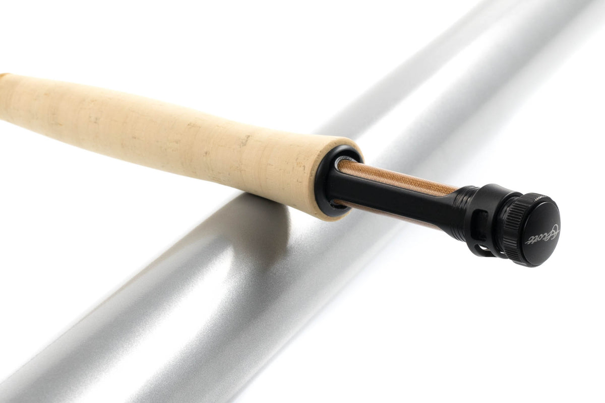 Scott G Series fly rod close-up showing natural cork handle, black anodized reel seat and bronze-toned rod blank