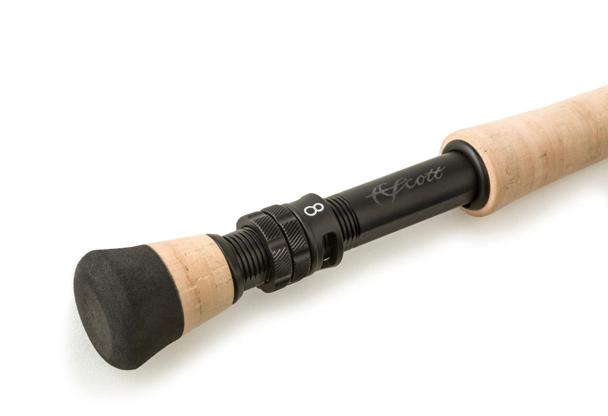 Scott Sector fly rod cork handle with black aluminum reel seat, engraved Scott logo, EVA butt cap and knurled locking rings