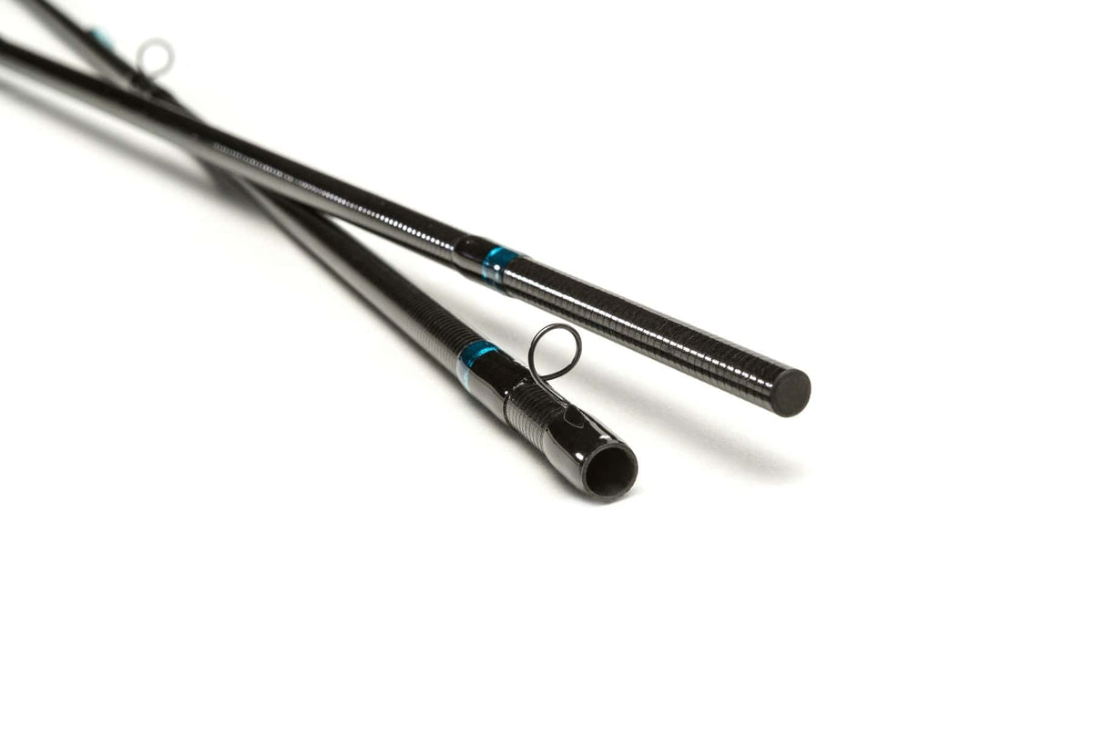 Scott Sector black carbon fiber fly rod sections with glossy finish, teal thread wraps and single stainless guide ring