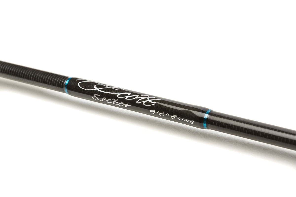Scott Sector black carbon fiber fly rod section with glossy finish, white script logo and blue accent wraps