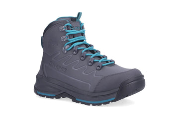 Simms women's Freestone gray wading boot with teal laces, molded rubber sole and waterproof synthetic upper, mid-ankle design