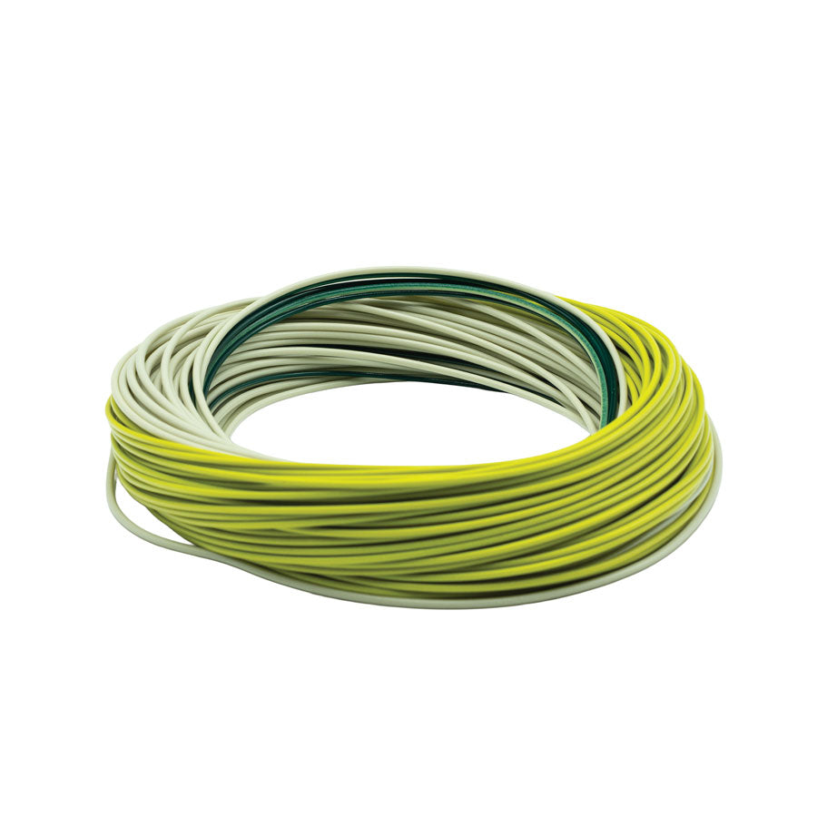 Coil of Scientific Anglers Stillwater Emerger Tip S2 Fly Line in grass, willow and dark green