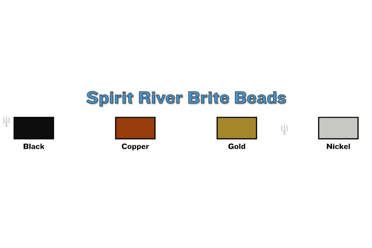 Spirit River Brite Beads label with metallic color swatches: Black, Copper, Gold and Nickel for fly tying beads