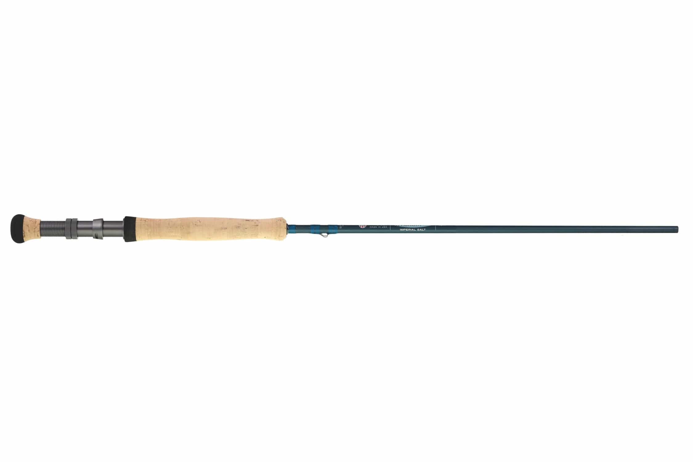 St. Croix Imperial Saltwater fly rod with cork handle and dark blue blank, USA-made fishing rod