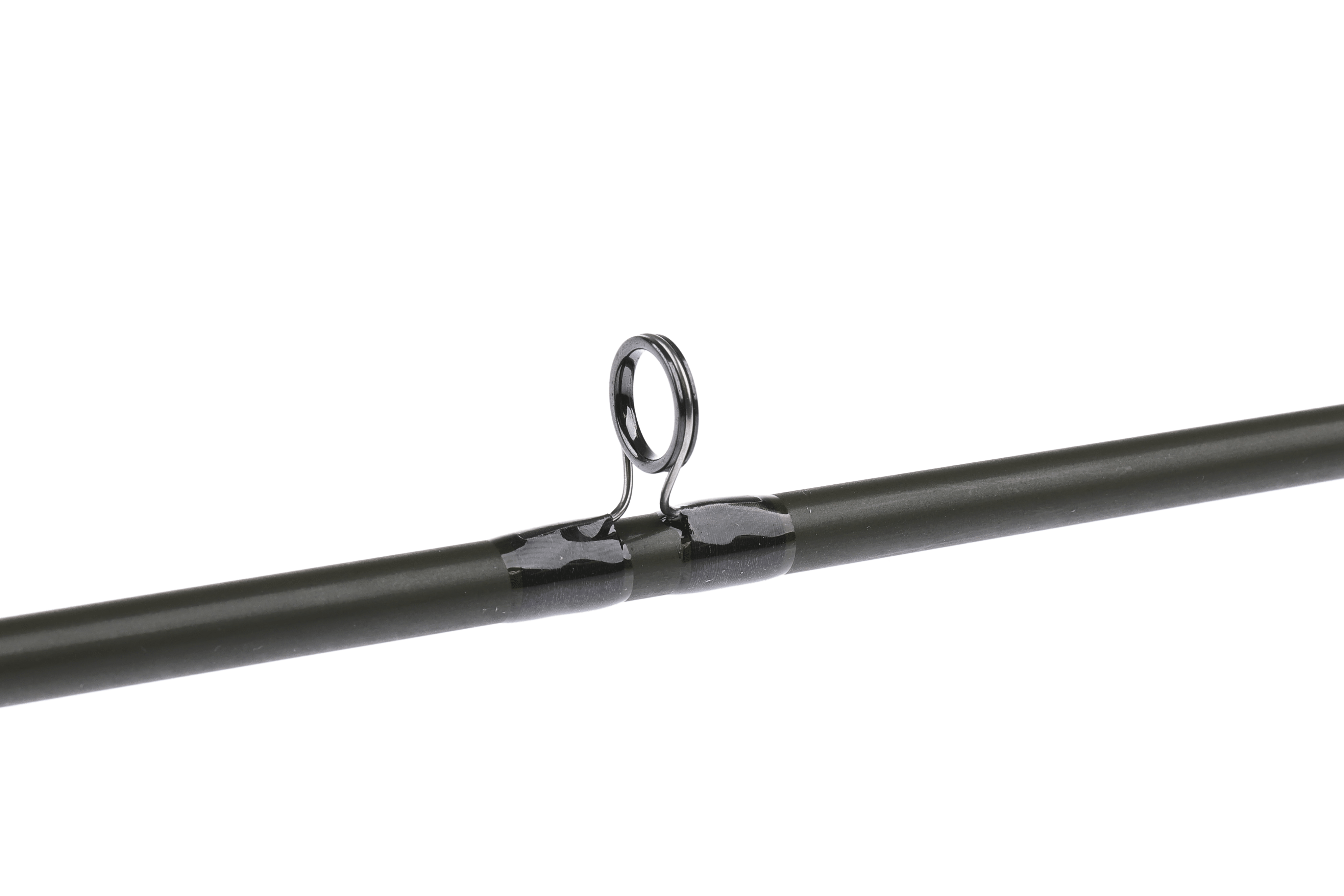 St. Croix Technica black fly rod with chrome guide ring on white background