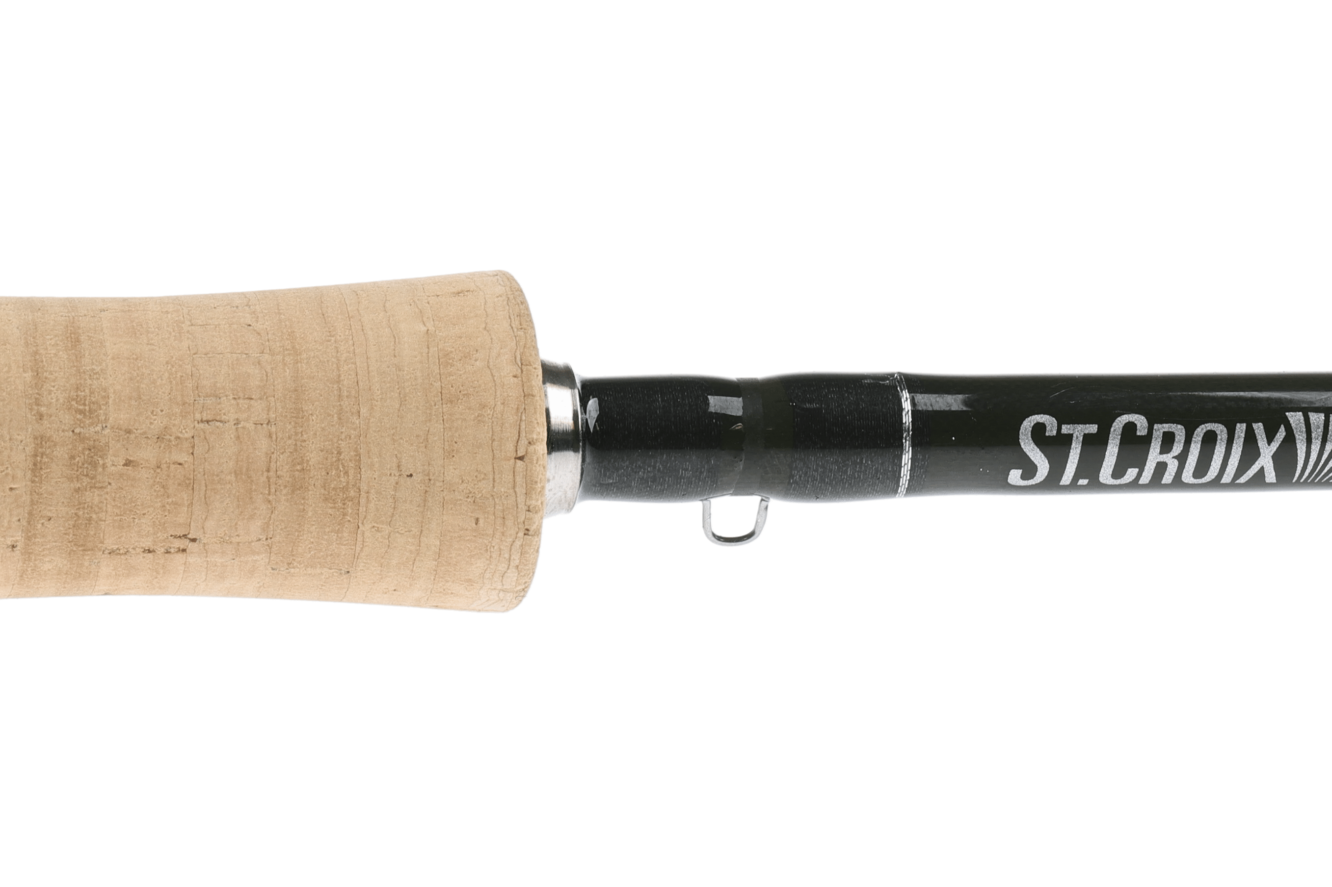 St. Croix Technica fly rod with natural cork handle and black graphite shaft, closeup view