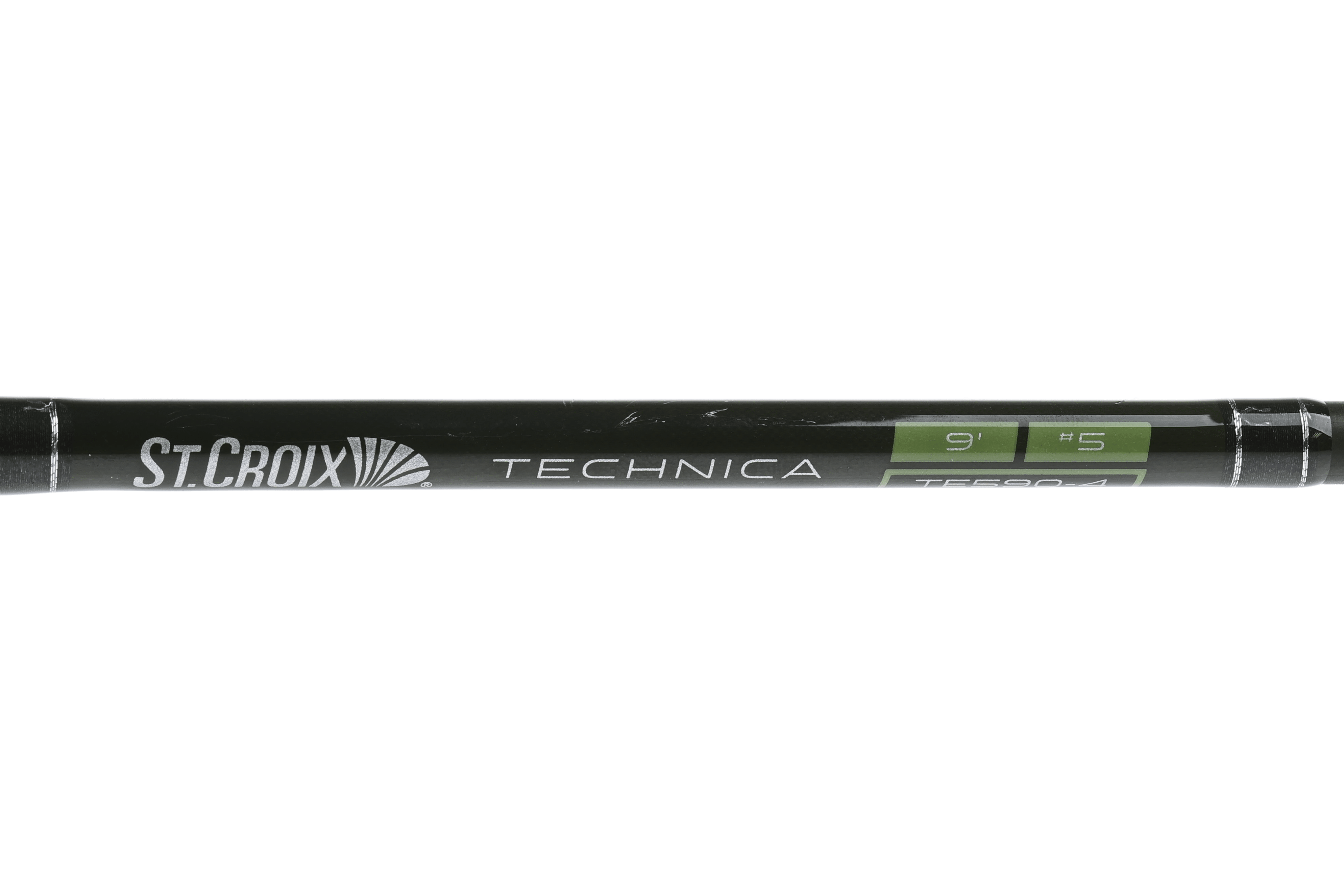 St. Croix Technica black fly rod with green specifications marking, close-up view of graphite fishing rod shaft and logo