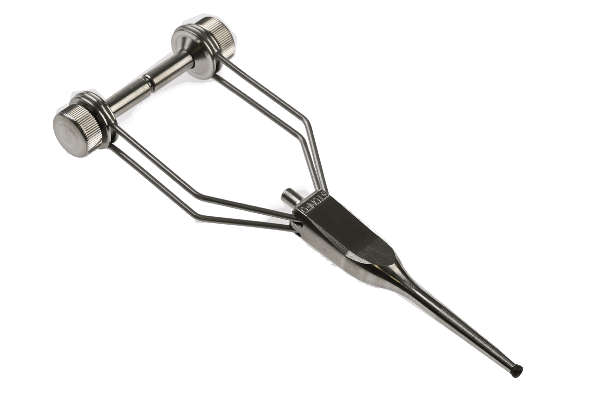 Stonfo stainless steel fly tying bobbin with dual ceramic guides and knurled tension knobs for precision thread control