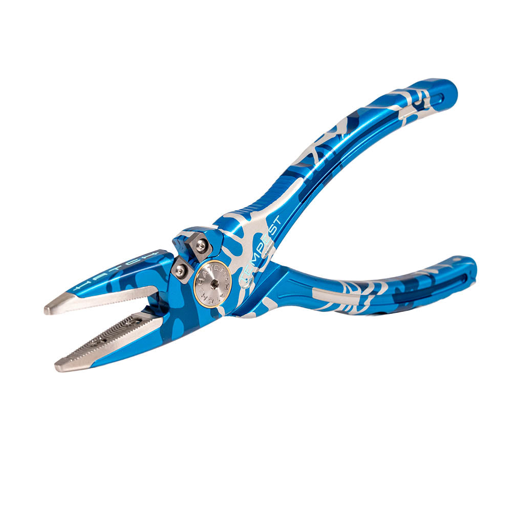 Hatch Splash Camo Tempest 2 Plier, angled view of the jaws and carbide cutters