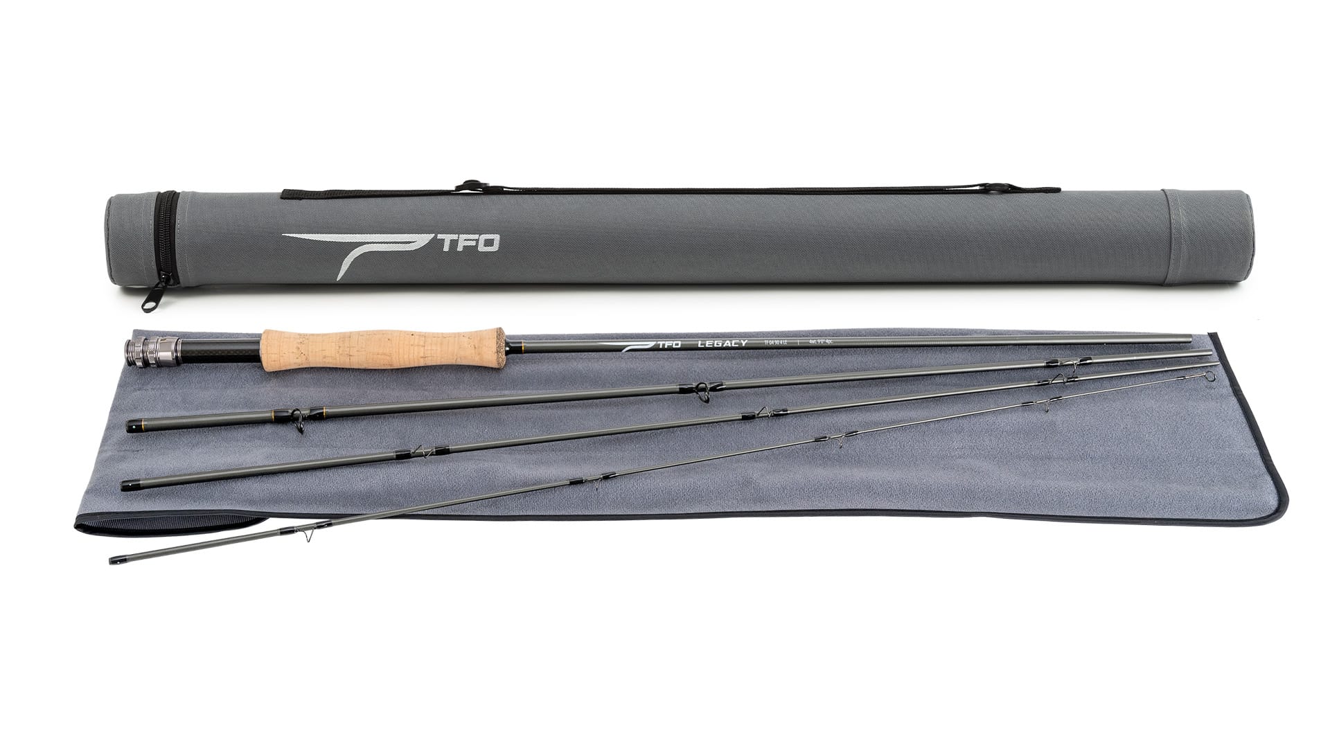 TFO Legacy Fly Rod four-piece sections with rod sock and tube