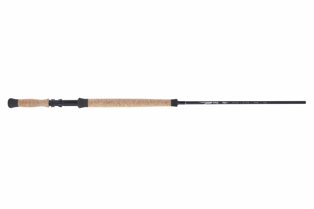 TFO Pro III two-handed spey rod with cork handle and black blank against white background