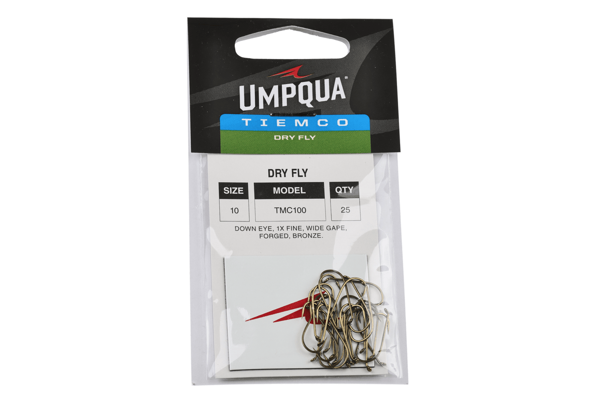 Umpqua Tiemco TMC100 size 10 bronze dry fly hooks in clear packaging with black and green label
