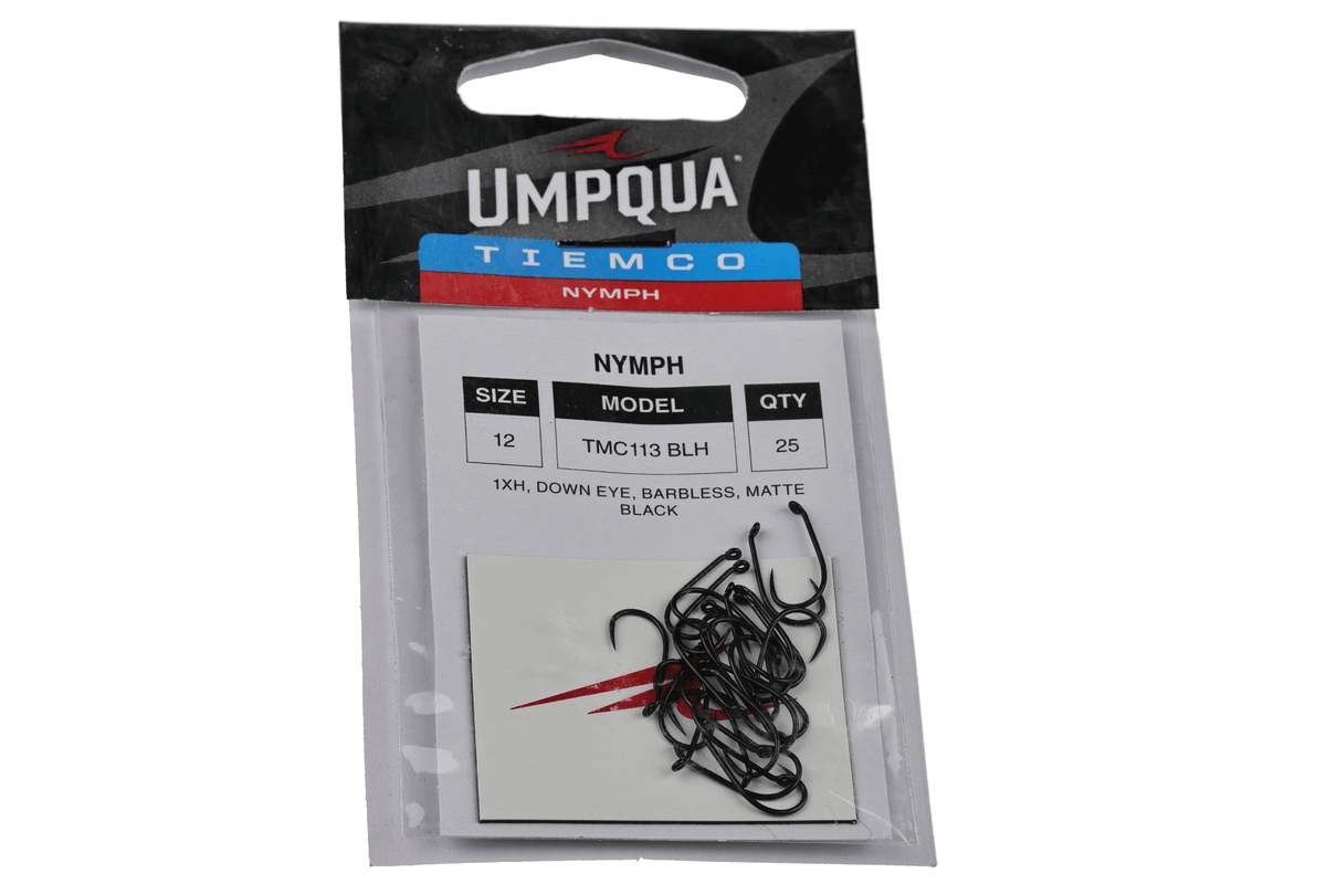 Umpqua Tiemco TMC 113BLH size 12 matte black barbless nymph fly hooks in packaging, 25 count