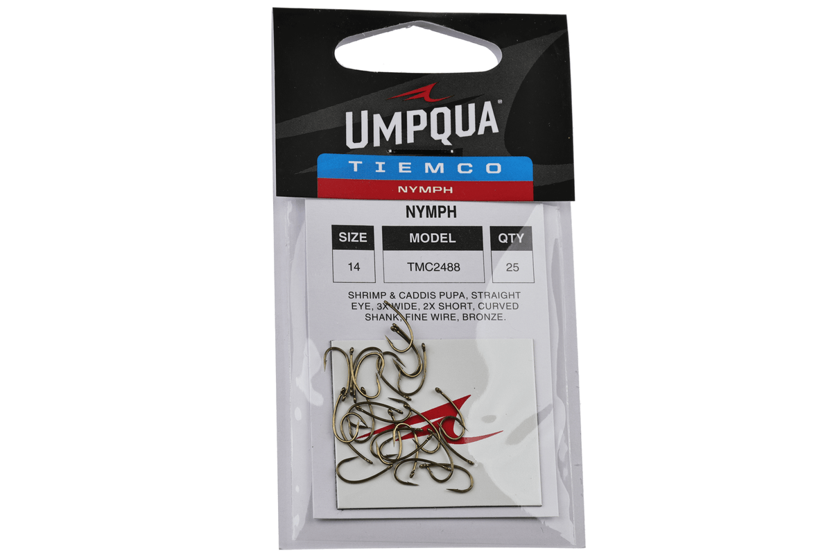Tiemco bronze curved shank nymph fly tying hooks, size 14, 25 count, in Umpqua retail packaging