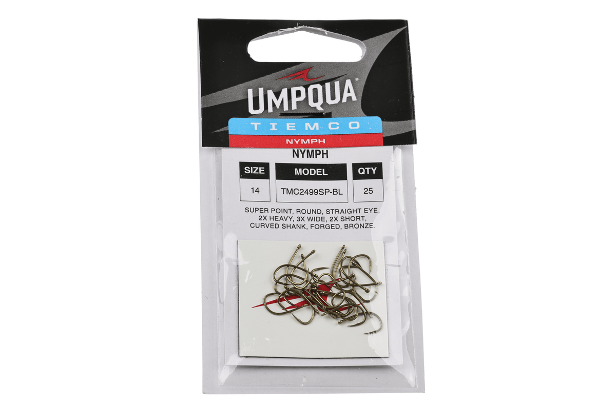 Umpqua Tiemco TMC 2499SP-BL bronze nymph fly hooks, size 14, 25-count package in clear blister pack
