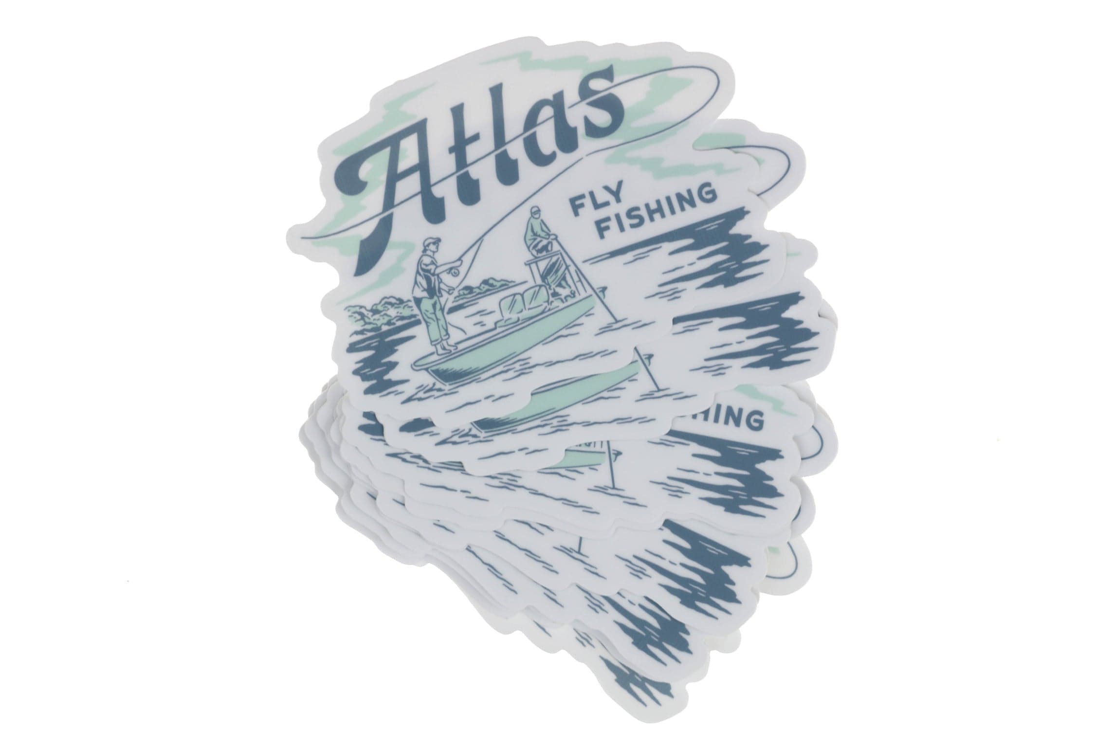 Stack of die-cut Atlas fly fishing stickers in white vinyl with blue and mint green boat illustration and vintage script logo