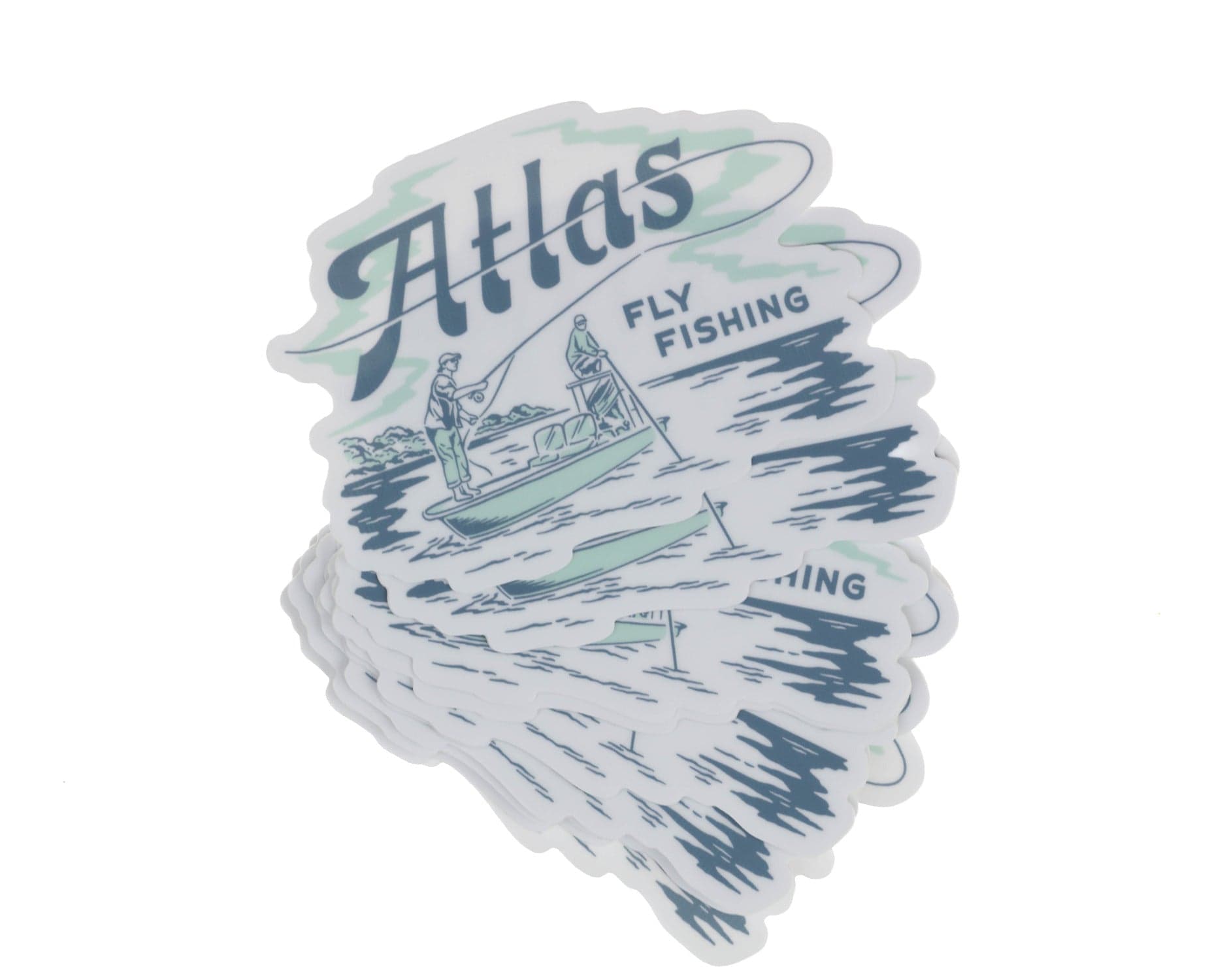 White die-cut vinyl Atlas fly fishing sticker with teal and navy vintage illustration of angler on boat, waves and logo