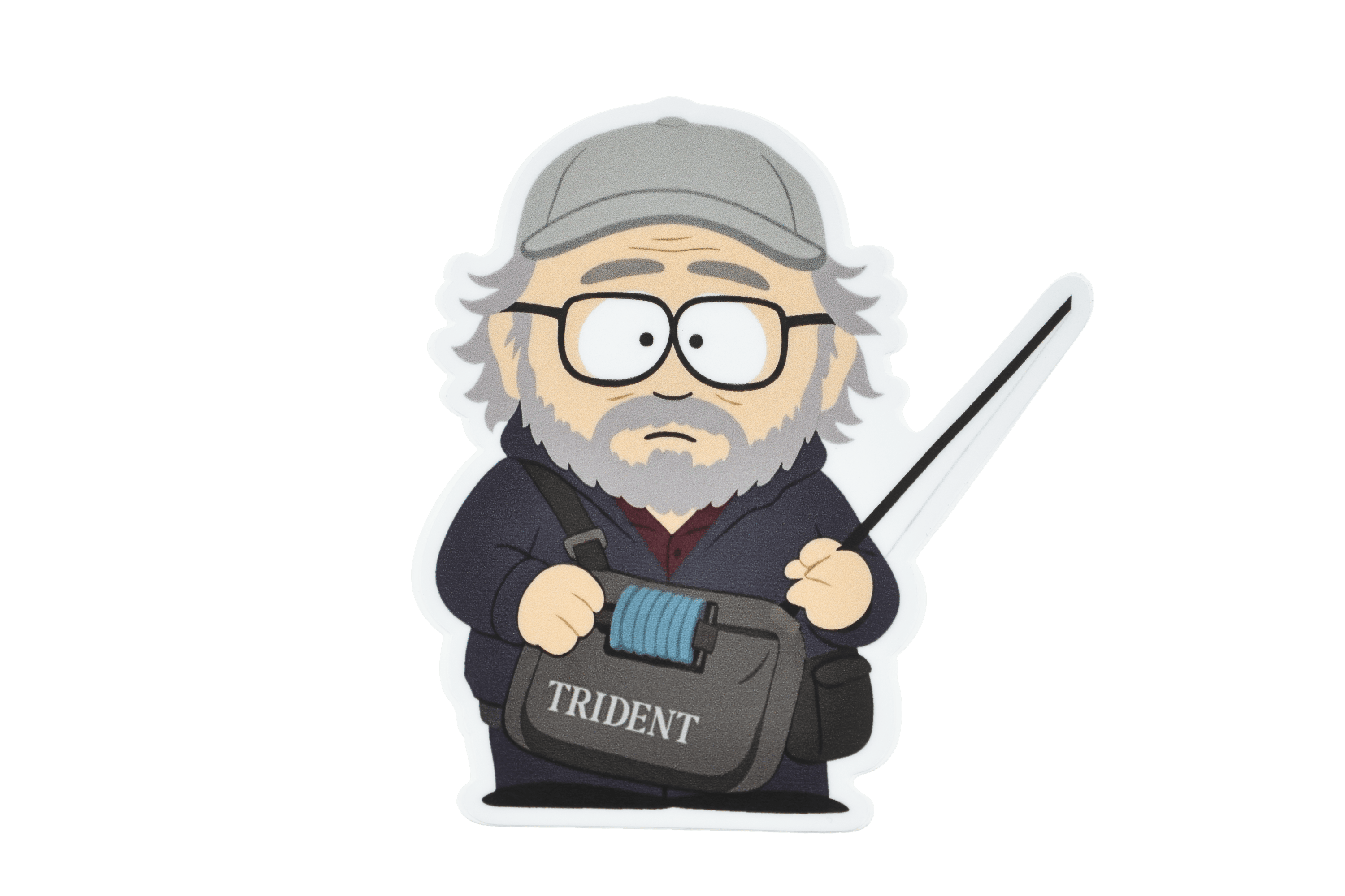 Die-cut vinyl sticker of cartoon Rom Rosenbauer with gray cap, glasses and beard holding fishing rod and Trident gear