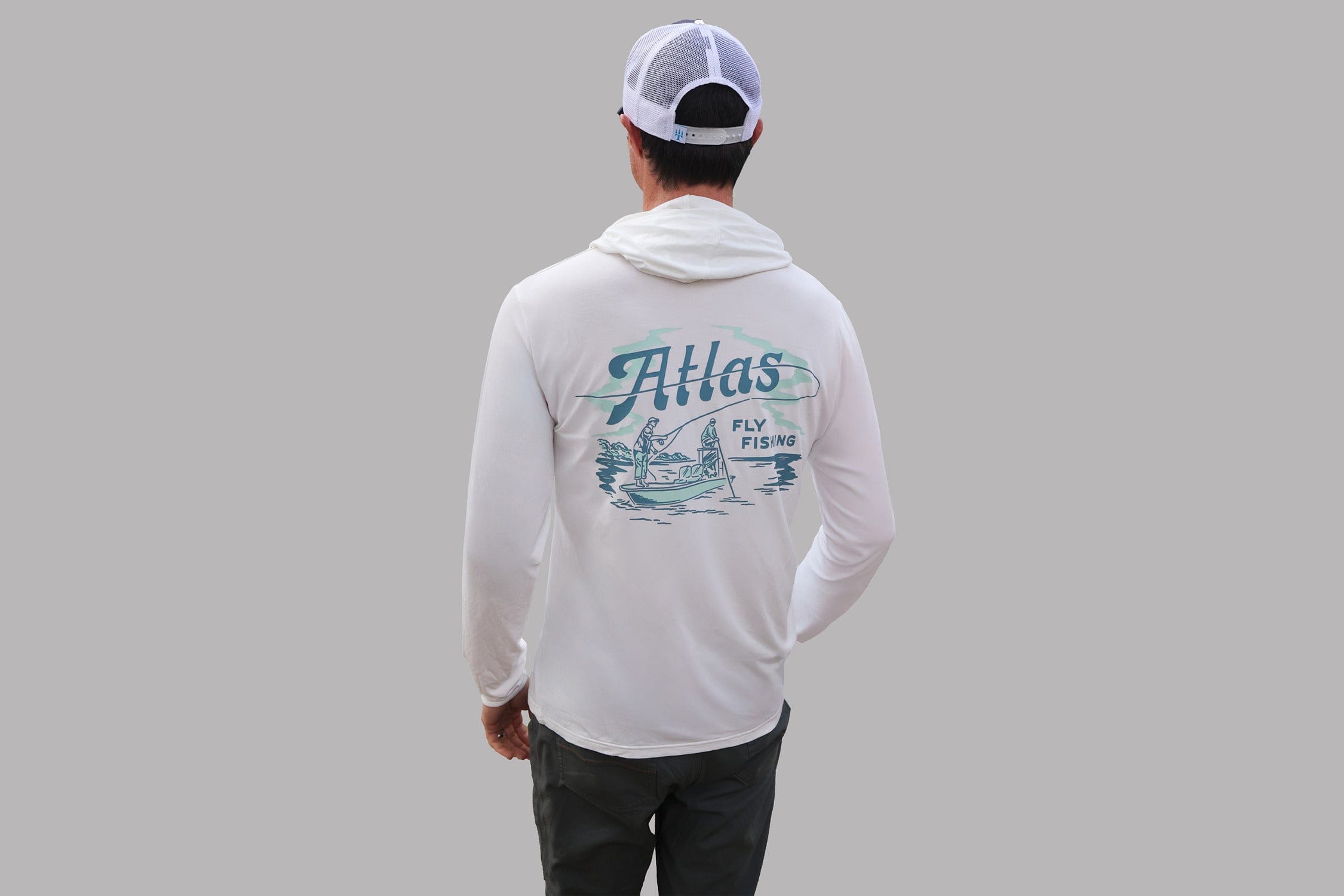 White Atlas bamboo sun hoodie with teal fly fishing graphic on back, long sleeves and hood