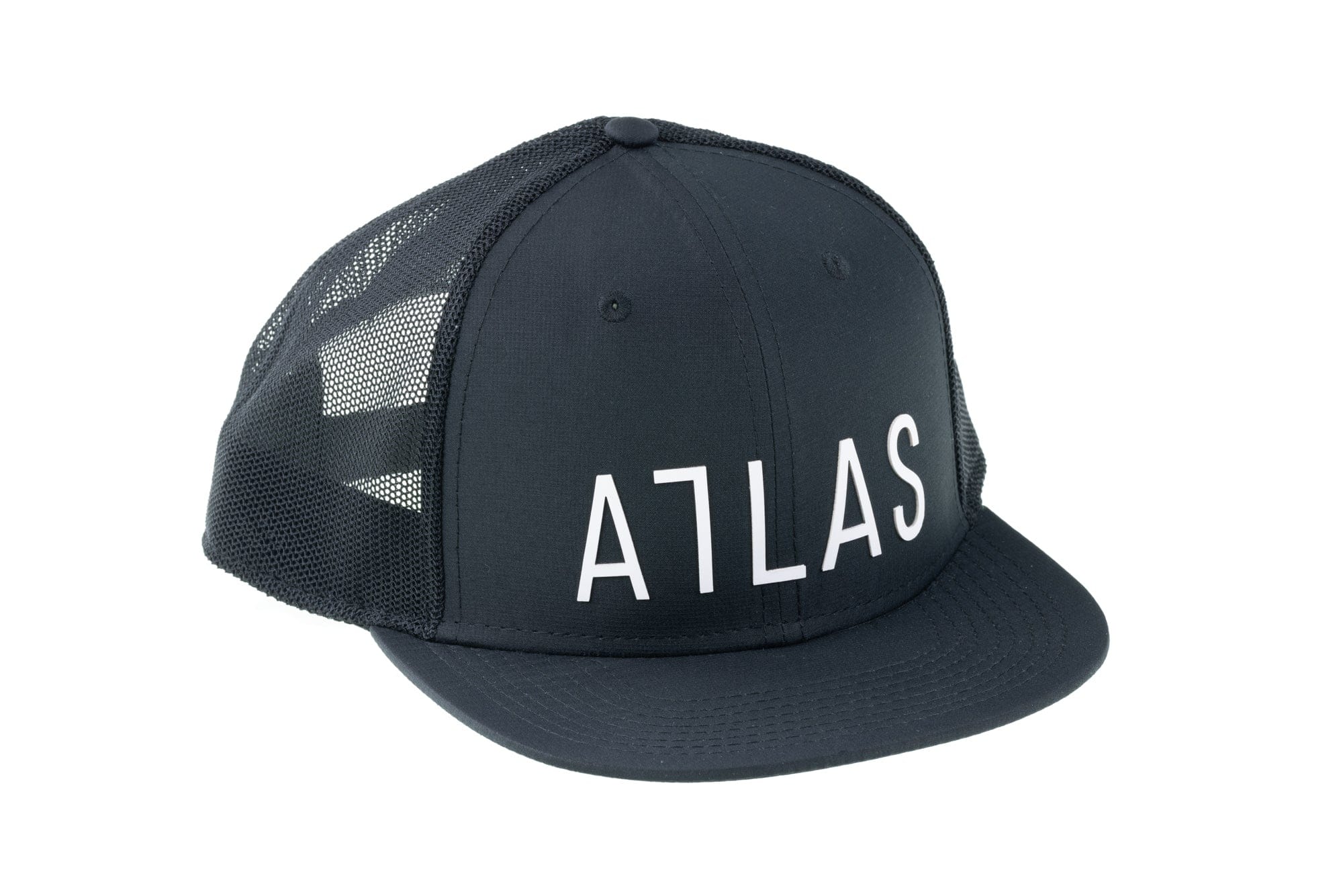Black high-crown trucker hat with mesh back, flat brim and white ATLAS logo